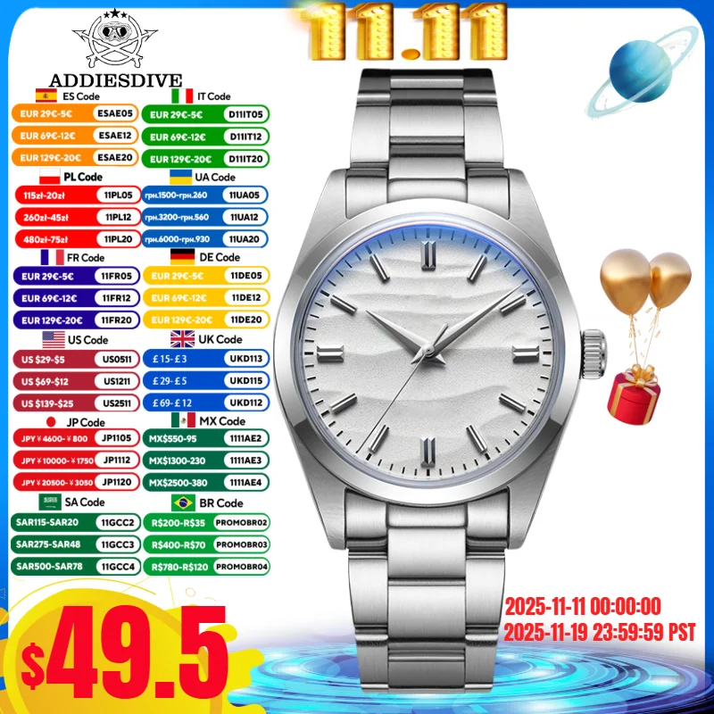 ADDIESDIVE 36 мм AD2030 без логотипа мужские часы пустынный циферблат из нержавеющей стали 316L Reloj Hombre 100 м водонепроницаемые кварцевые часы