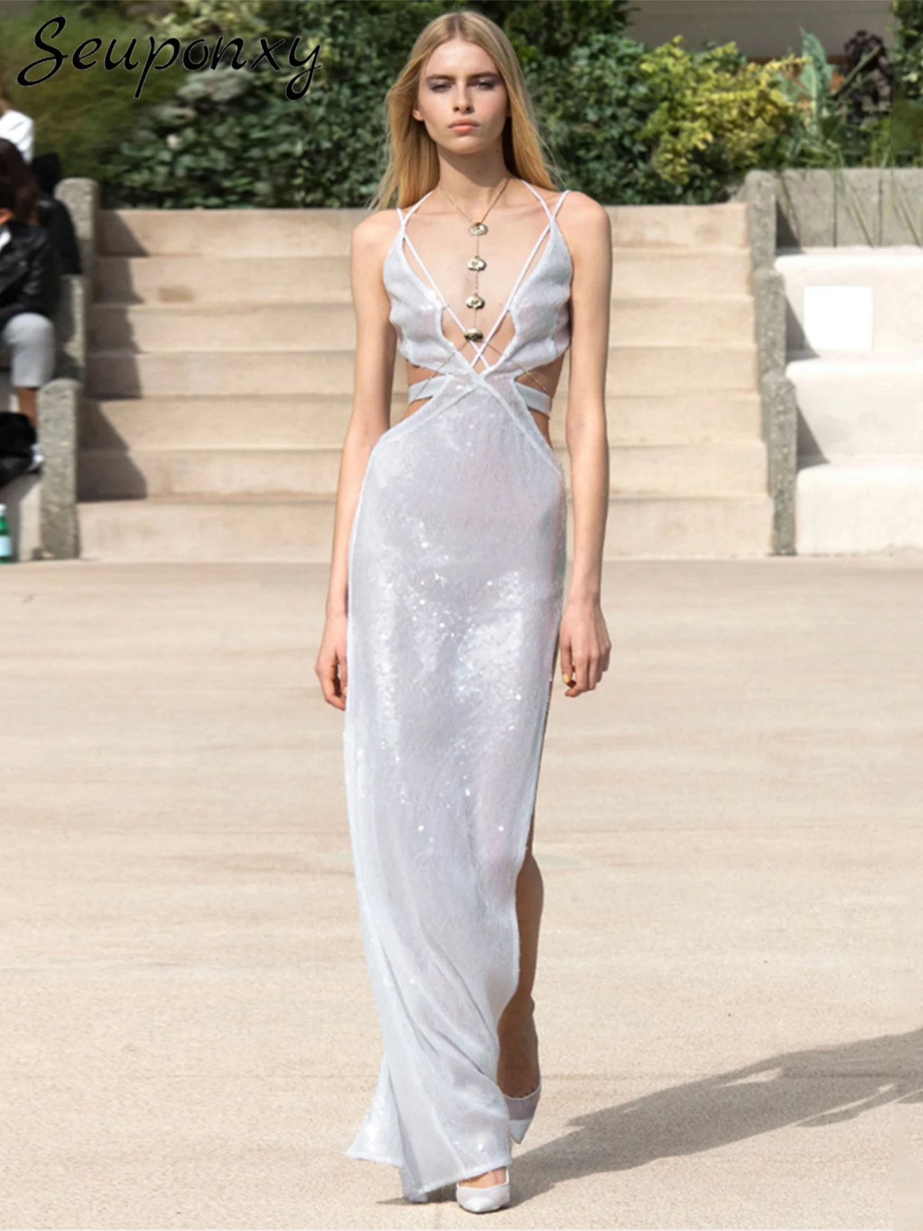 

High Quality Silver Summer Women'S Maxi Dress Sexy Hollow Out Sleeveless V-Neck Luxury Sequin Split Elegant Evening Party Dress