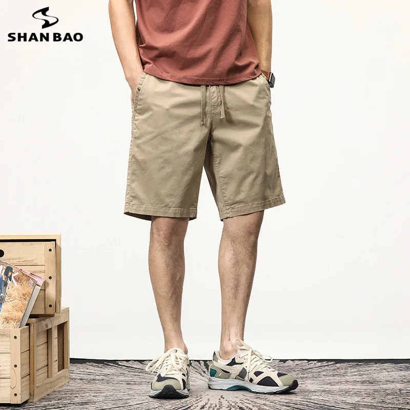 

SHAN BAO summer brand men's straight loose cotton stretch shorts elastic waist drawstring fashion casual youth men's shorts