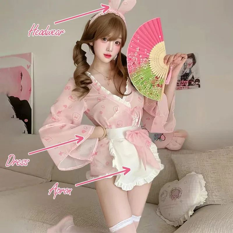 CyCute сексуальное японское кимоно стильное нижнее белье Kawaii розовый кролик с принтом заманчивая униформа соблазнительное платье горничной аниме костюмы для косплея