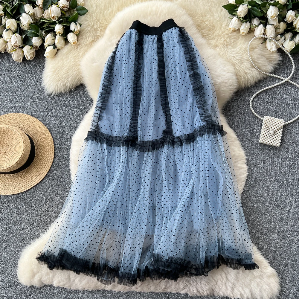 

Chic Vintage Elegant Polka dot mesh High Waist Straight Skirt Korean Streetwear High Street Autumn Clothing