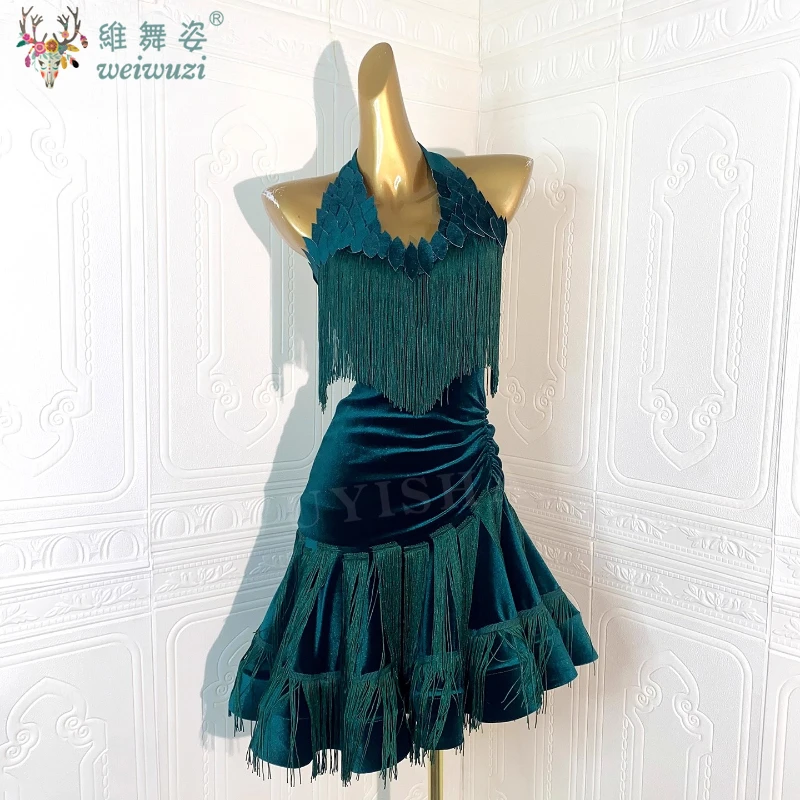 

Костюм для латинских танцев для взрослых и детей, элитная индивидуальная юбка с кисточками и открытой спиной, платье с цветочным узором, профессиональное платье для выступлений самбы