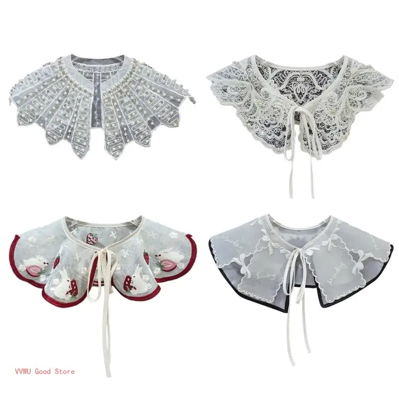 

Women Elegant Organza Detachable Fake Collar Rhinestones Pearl Beading Shawl Scarf Embroidery Bowknot Bandages Capelet