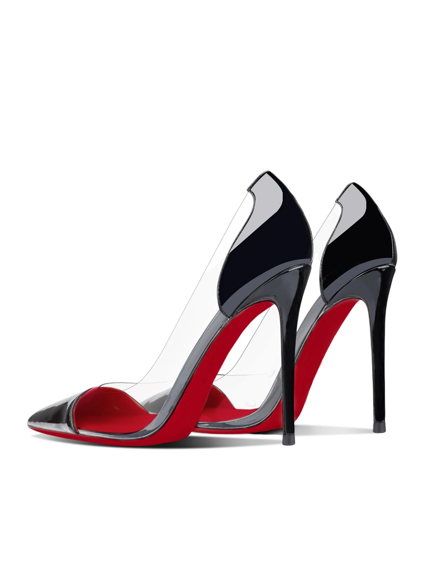 New pointed 12cm stiletto heels, red sole high heels with PVC stitching, 13cm large-size party sexy transparent single shoes