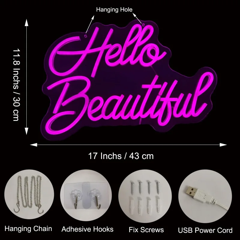 Hello Beautiful letrero de neón, luz LED rosa, interruptor regulable para el hogar, dormitorio, sala de estar, barra de belleza, fiesta, 17x11,8 pulgadas, 5V, USB