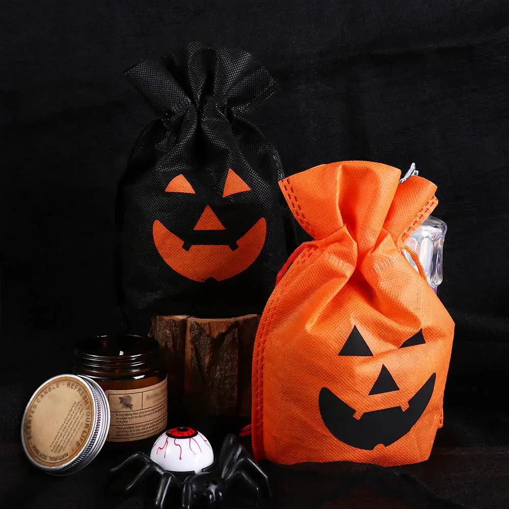 Tas tangan Halloween tas permen perhiasan Organizer kemasan koin dompet labu tas hadiah Oranye hitam serut kantong penyimpanan