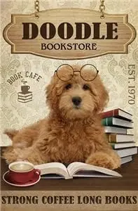 Metal Sign Goldendoodle Dog Bookstore Strong Coffee Lone Books Sign Vintage Signs Retro Tin Signs Aluminum Sign for Kitchen Home