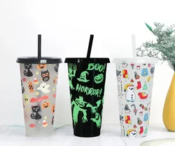 710ml Reusable with Straws Creative Water Cups Changing Colour Cup Magical Plastic Cold Water Color Changing Cup for Halloween