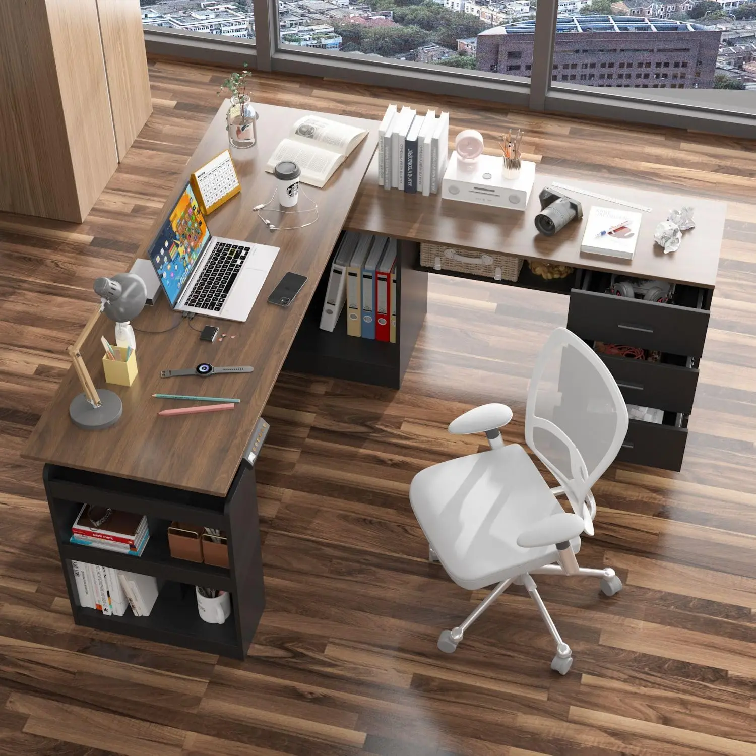 MOUMON Electric Standing Desk with Drawers and Shelves, Executive Desk Adjustable Height Desk, L-Shaped Design,