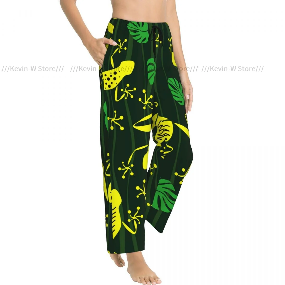 여성용 플란넬 파자마 바지 부드러운 플리스 개구리와 잎사귀 및 파도 무늬 수면 바지 끈 조임 허리