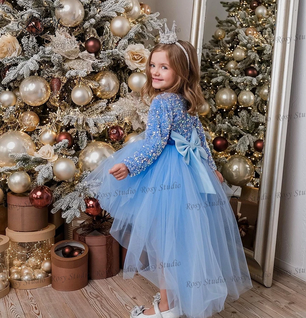 Elegante o-collo fiori blu ragazze abiti maniche lunghe fiocco Glitter paillettes vestito da ballo alto basso bambini festa di compleanno vestito