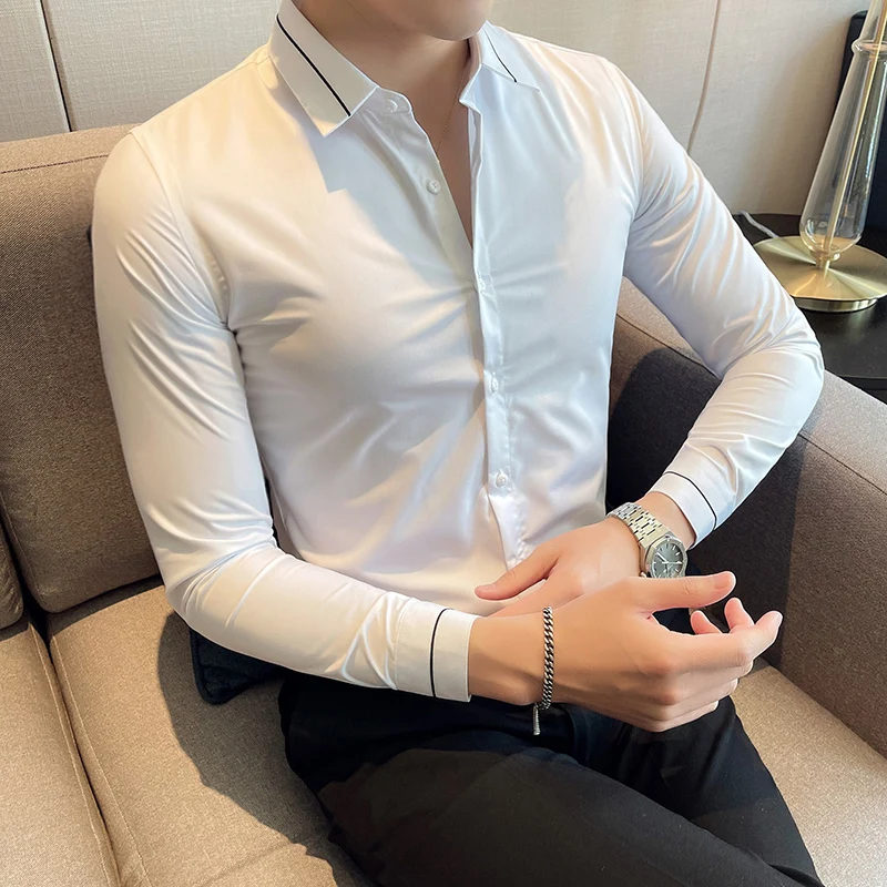 

2023 Autumn Solid Color Embroidery Shirt Men Long Sleeve Slim Fit Casual Formal Dress Shirts Streetwear Social Party Shirt M-3XL