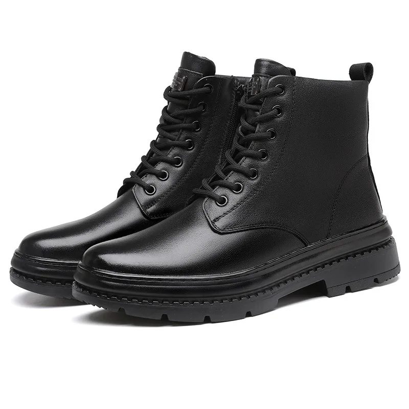 Botas de couro genuíno dos homens moda motocicleta tornozelo bota 2025 novas botas casuais de alta qualidade para homens de pelúcia botas de inverno quentes para homem