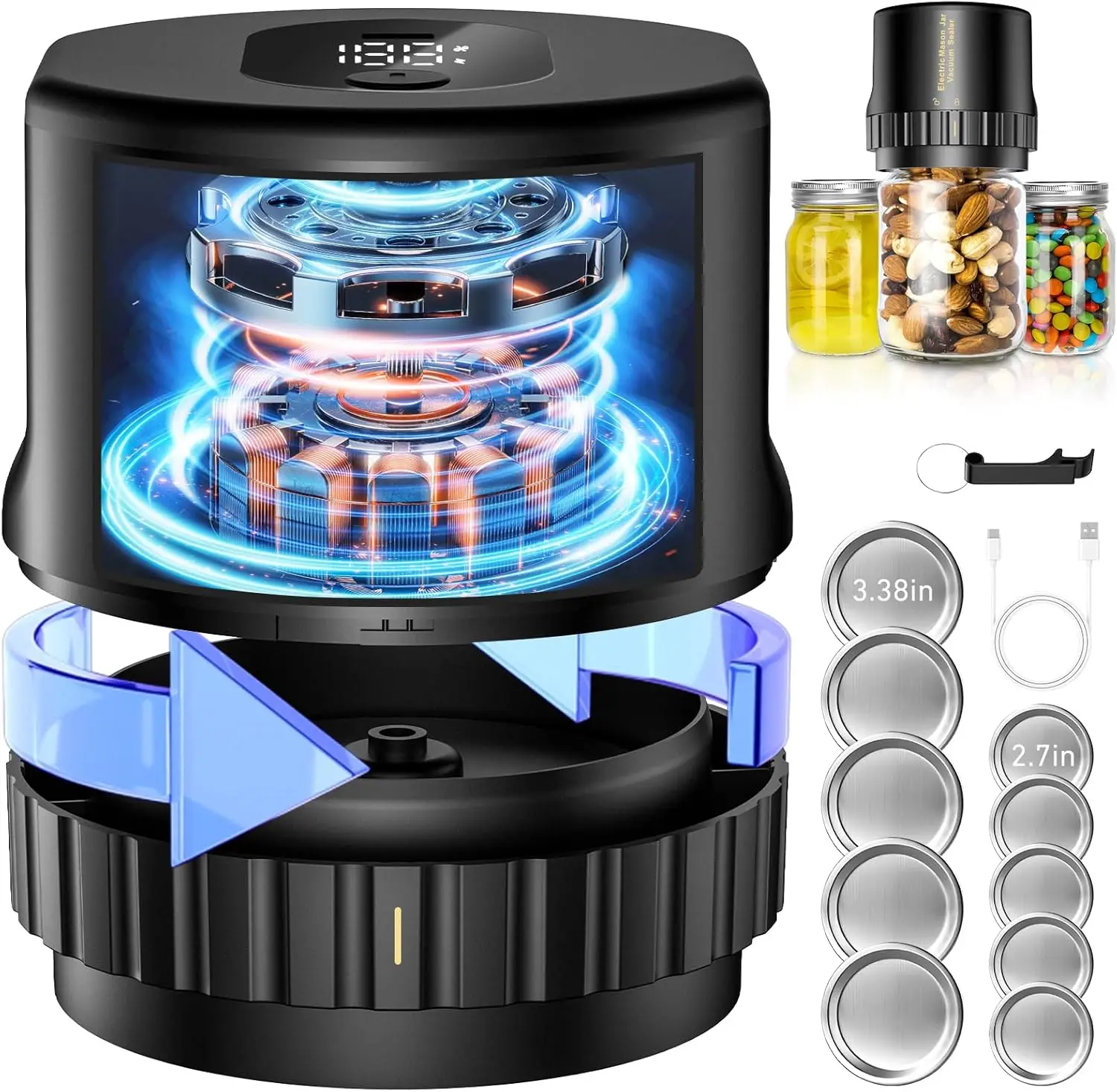 

Электрический вакуумный упаковщик для банок Mason — старт/остановка в один клик, для банок с широким и обычным горлышком, комплект вакуумного упаковщика для хранения продуктов питания