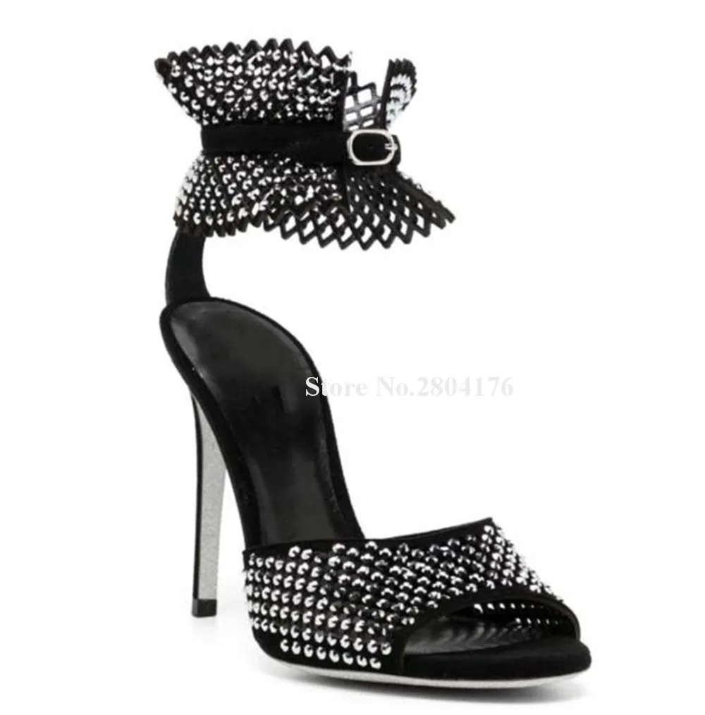 Shining Rhinestones Mesh Stiletto Heel Sandals Peep Toe Crystals Ankle Wrap Buckles Thin Heel Black Pink White Wedding Sandals