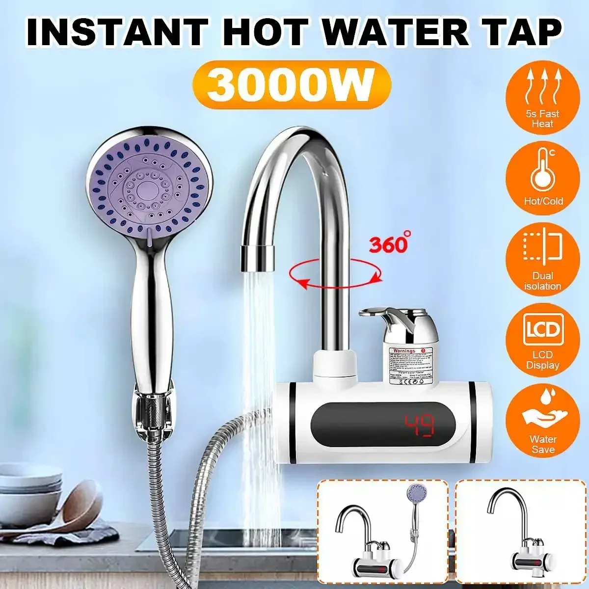 3000W Instant AC220V Electric Shower Water Heater Hot Faucet Kitchen Electric Tap Water Heating Instantaneou Water Heater+Shower
