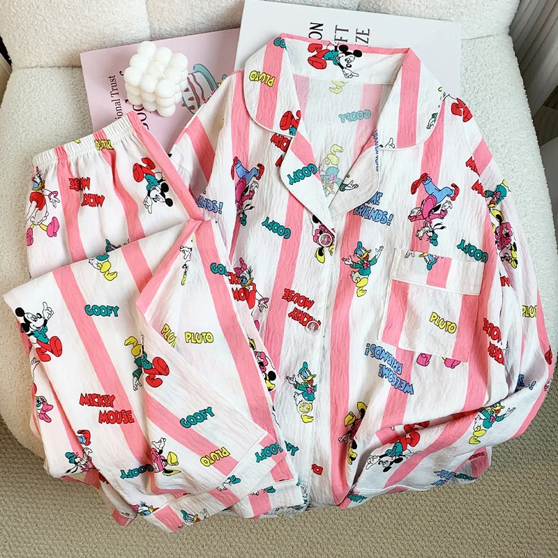 Spring and Autumn Pajamas Female Student Long Sleeve Set Cartoon Striped Sweet Home Clothes Can Be Worn Externally Pajama Sets