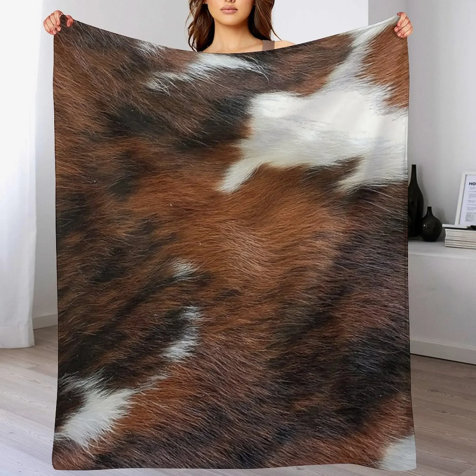 Cow Hide Brown & White Throw Blanket Outdoor Soft Blanket for Picnic Beach Camping