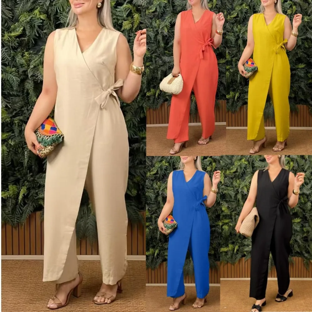 

2025 Summer Womens Plain Solid Color Casual V Neck Tie Waist Jumpsuit Romper Loose Romper Lounge Wear Outfit Fashion