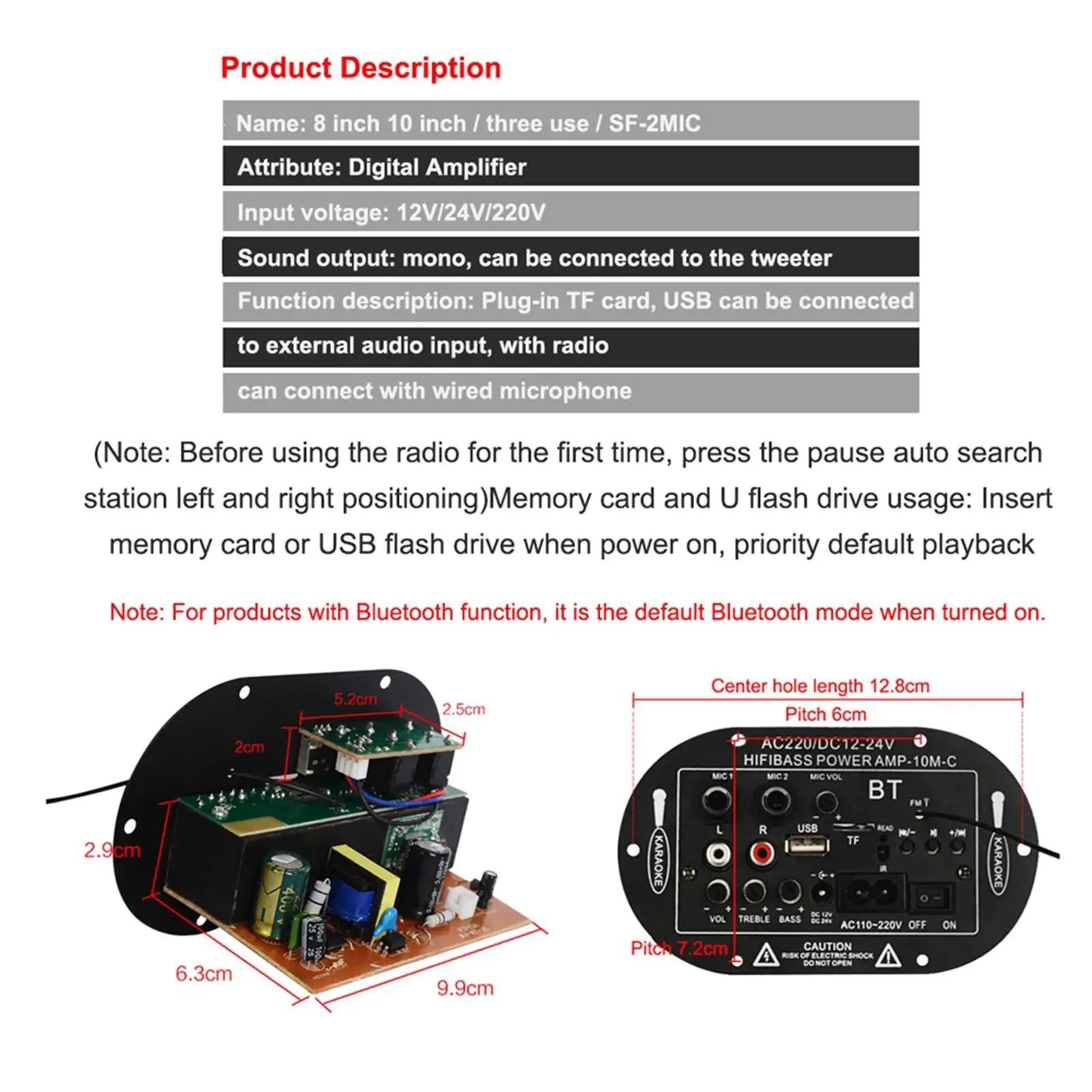 

Car Audio Board Mini Amplifier Boosted Class D Sound Board with USB TF MP3 Player for Subwoofer Speaker