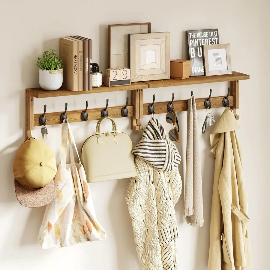 

Coat Rack Wall Mounted with Shelf, Coat Hooks Wall Mounted, Wall Hooks for Hanging in Entryway, Living Room, Bathroom, Bedroom B