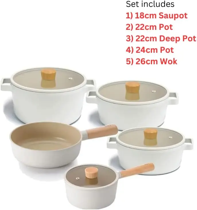 FIKA Kitchen Essential Set di pentole antiaderenti da 9 pezzi, pentole con rivestimento in ceramica per cottura sana con coperchio e wok con manico in legno, pollici