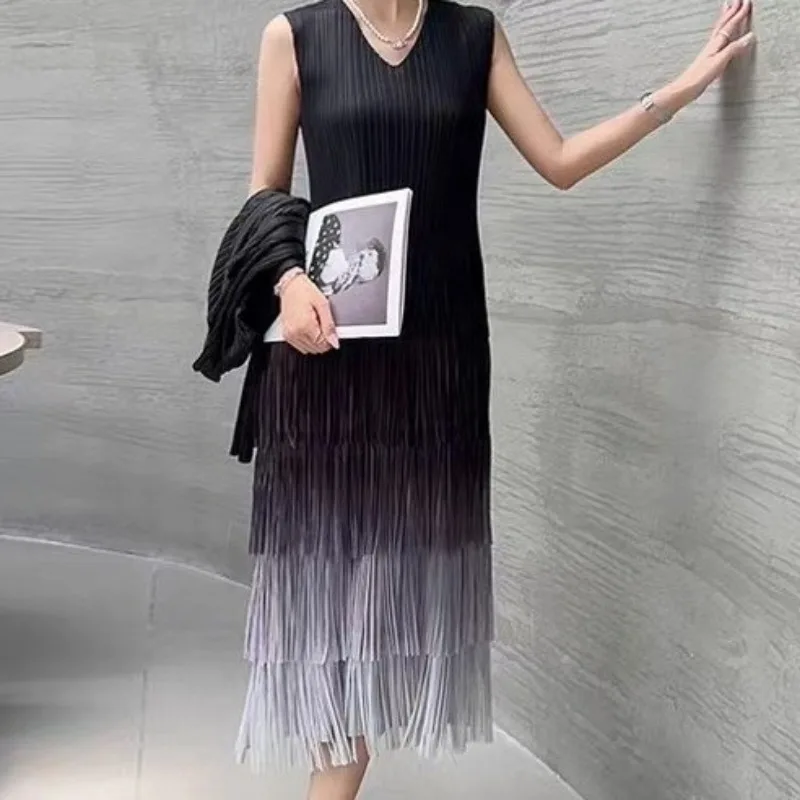 Miyake Pleated Women\'s Skirt Suit 2024 Autumn and Winter French High-end Gradient Tassel Dress Suit Collar Cardigan Jacket Women