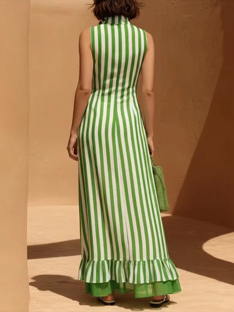 Yeezzi Damen Französischer Stil Gestreiftes A-Linien-Kleid mit Reißverschluss 2026 Neu Ärmellos Mehrlagiger Rüschensaum Stehkragen Abend-Maxikleid – Detail 6