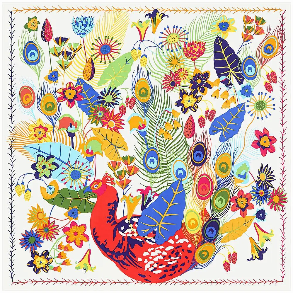 

130cm Silk Scarf 2022 New Brand Square Scarf Fashion Pashmina Design Peacock Feather Women Shawl Bandana Kerchief Scarves