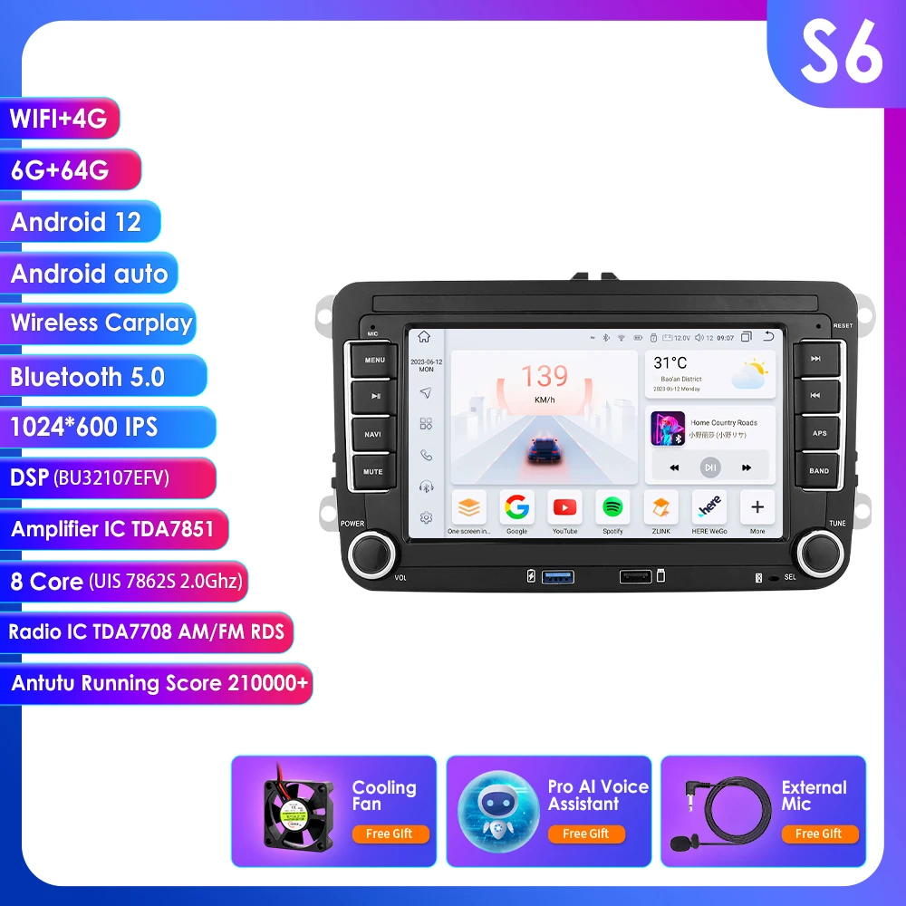 Hizpo 2 Din 7 Inch Carplay 4G AI Systeem Android 14 Autoradio voor Volkswagen VW Passat B6 B7 T5 Tiguan Touran GOLF POLO Autoradio