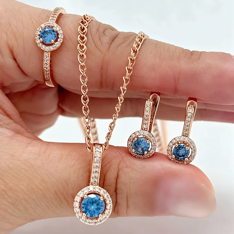 Kinel Hot Shiny Blue Natural Zircon Wedding Ring Earring Necklace for Women Fashion 585 Rose Gold Color Daily Fine Jewelry Sets