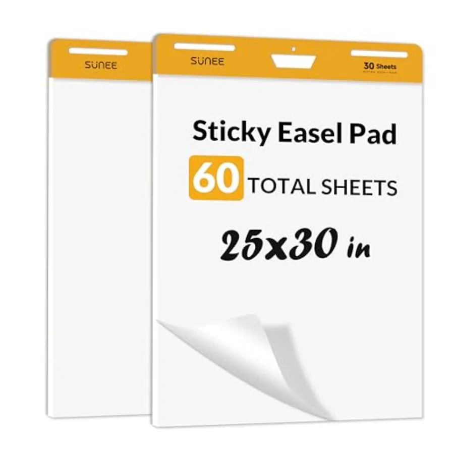 

Sticky Easel Pads 25x30 Inches 30 Sheets/Pad 2 Pack Self Stick Flip Chart Paper for Whiteboards Premium Large White Chart Paper