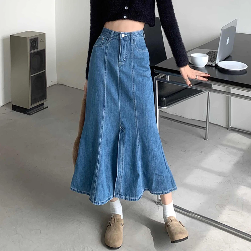 

Fashion Blue Denim Half Skirt Summer New High Waist Split Slim Fit Skirts Korean Temperament Versatile Mermaid Midskirts