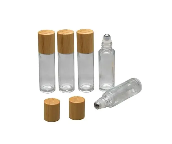 

Natural bamboo lids cosmetic packaging doterra attar perfume container clear 10ml roll on glass bottle crystal perfume bottle