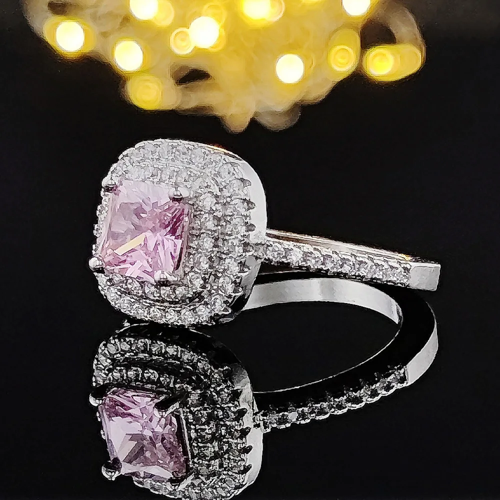 

Women's Princess Cut Ring Silver Color Pink Lab Diamond Crystal Resizable Opening Ring Engagement Wedding Jewelry