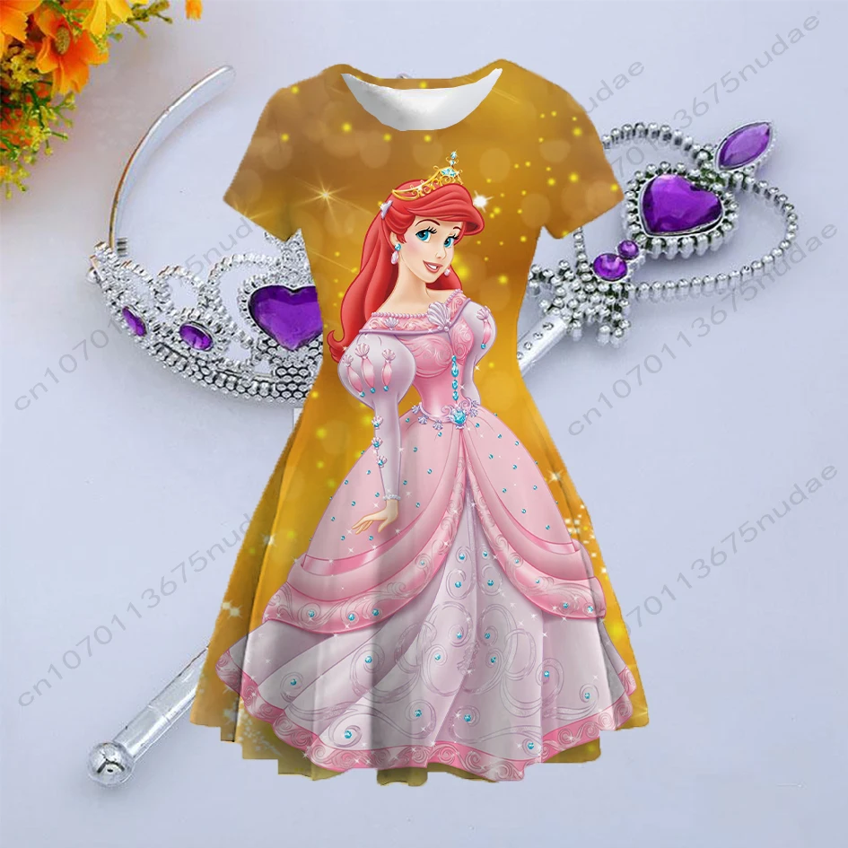 Female student sweet first love pleated skirt round neck short sleeve French Disney Princess series cartoon pattern print dress