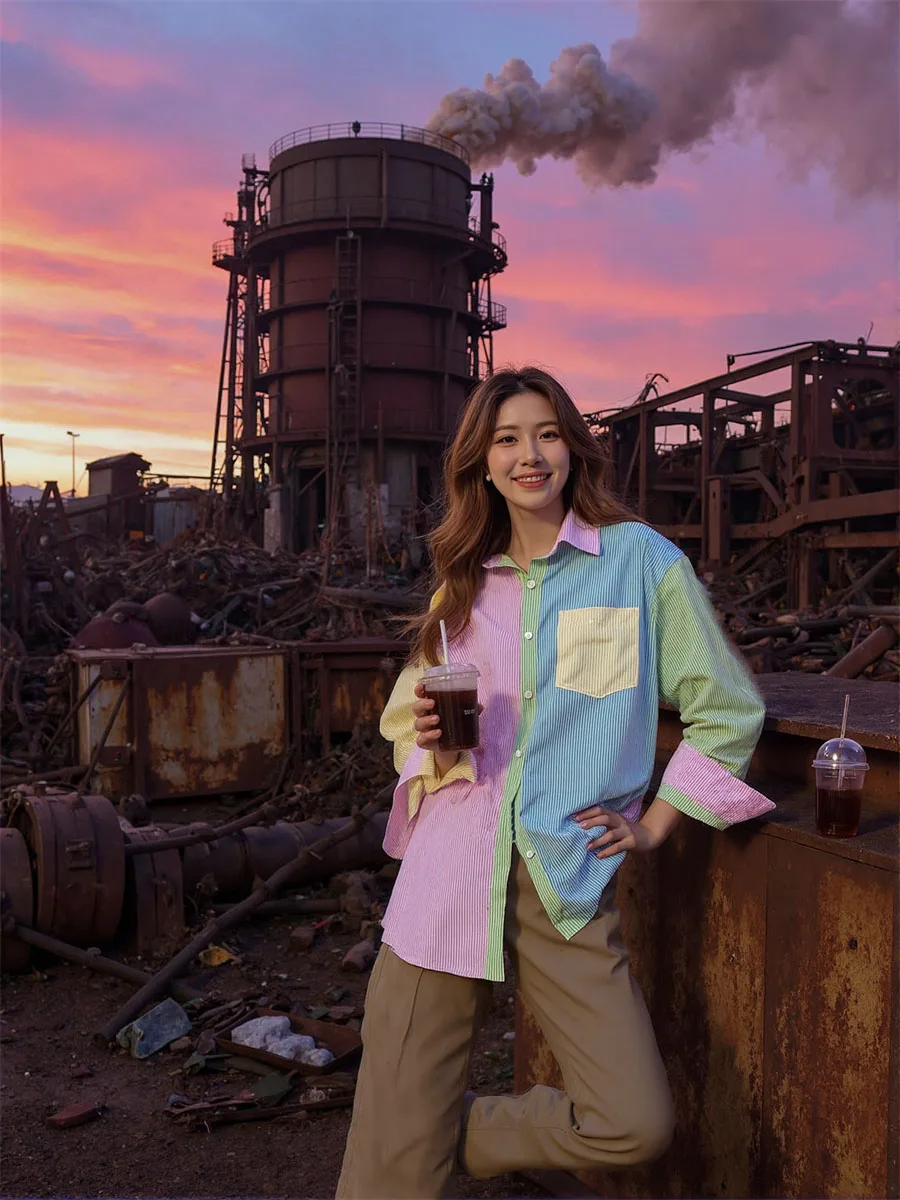 เสื้อเชิ้ตผู้หญิงลายทางสีลูกกวาดแขนยาวเย็บปะติดปะต่อน้ําหนักเบาเหมาะสําหรับลุคลําลองหรือเกาหลีที่อ่อนเยาว์