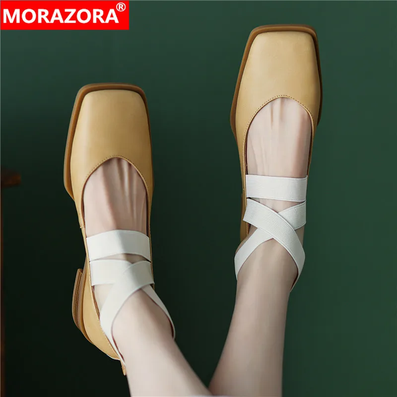 

MORAZORA 2024 New Size 34-40 Shallow Genuine Leather Shoes Woman Slip On Spring Pumps Ladies Square Toe Single Shoes