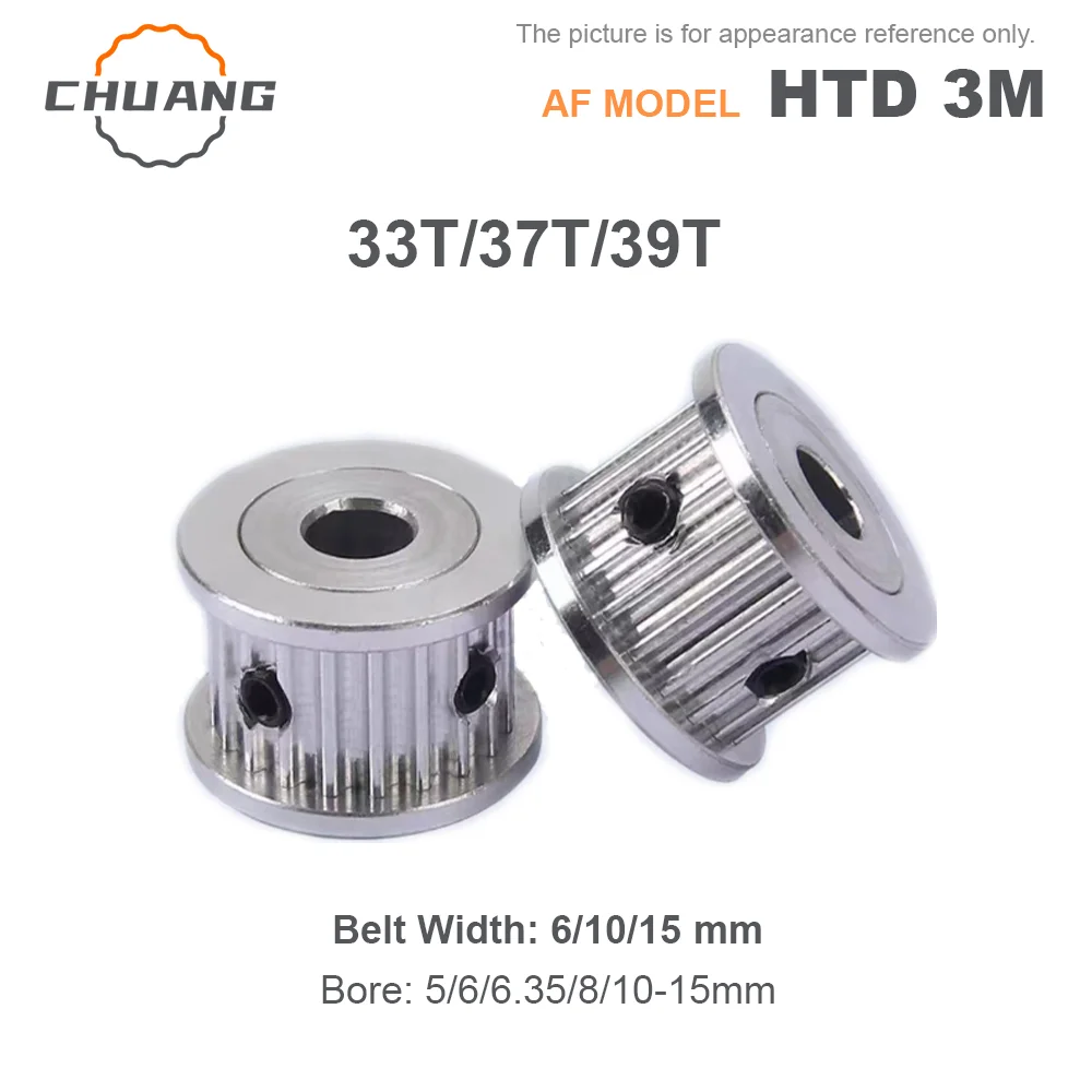 

33T/37T/39Teeth HTD 3M timing pulley Hole Bore 5-15mm The material is aluminum alloy Belt width 6/10/15mm Tooth Pitch 3mm