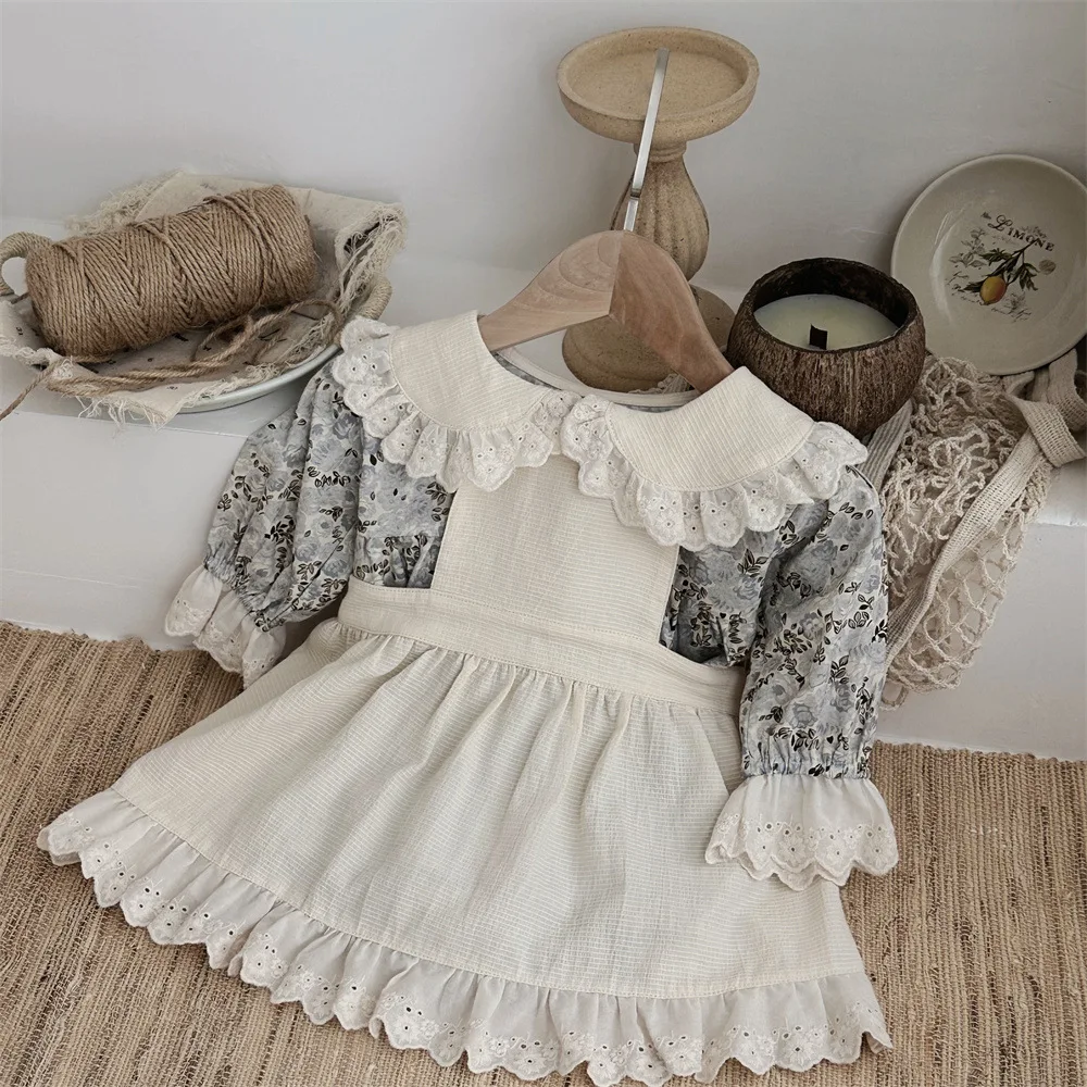 Autumn Baby Girls Clothes Floral Bodysuit &One Piece Peter Pan Collar Bodysuit And Option Apron