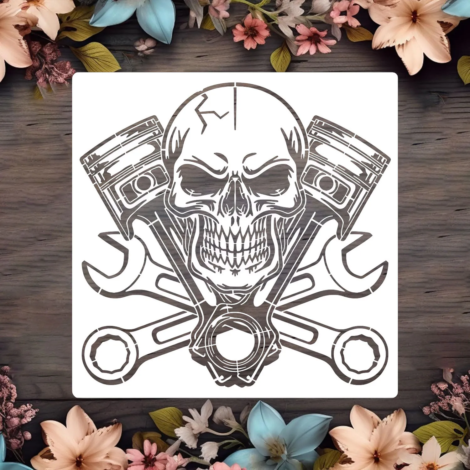 1Pc 12x12 Inch Mechanical Skull Stencil Reusable PET Piston Wrench Painting Template for Garage Wall Wood DIY Decor