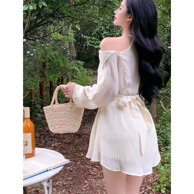 Sukienka koszulowa z odkrytymi ramionami, podkreślająca talię, damska, retro, krótka spódnica, szorty, dwuczęściowy komplet.