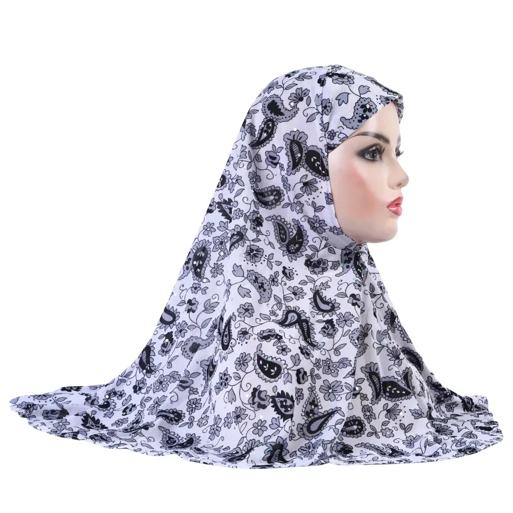 Een Stuk Amira Vrouwen Moslim Print Hijab Tulband Islamitische Gebed Hoed Hoofddoek Khimar Pull Op Sjaal Instant Head Wraps Cap 65*60 cm