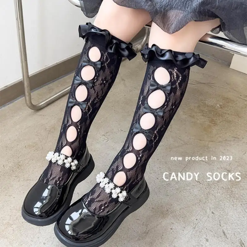 

Q22D Mesh Kneehigh Socks for Little Girl Summer Socks Breathable Bowknot Socks for School Dress Kids Hollowout Socks