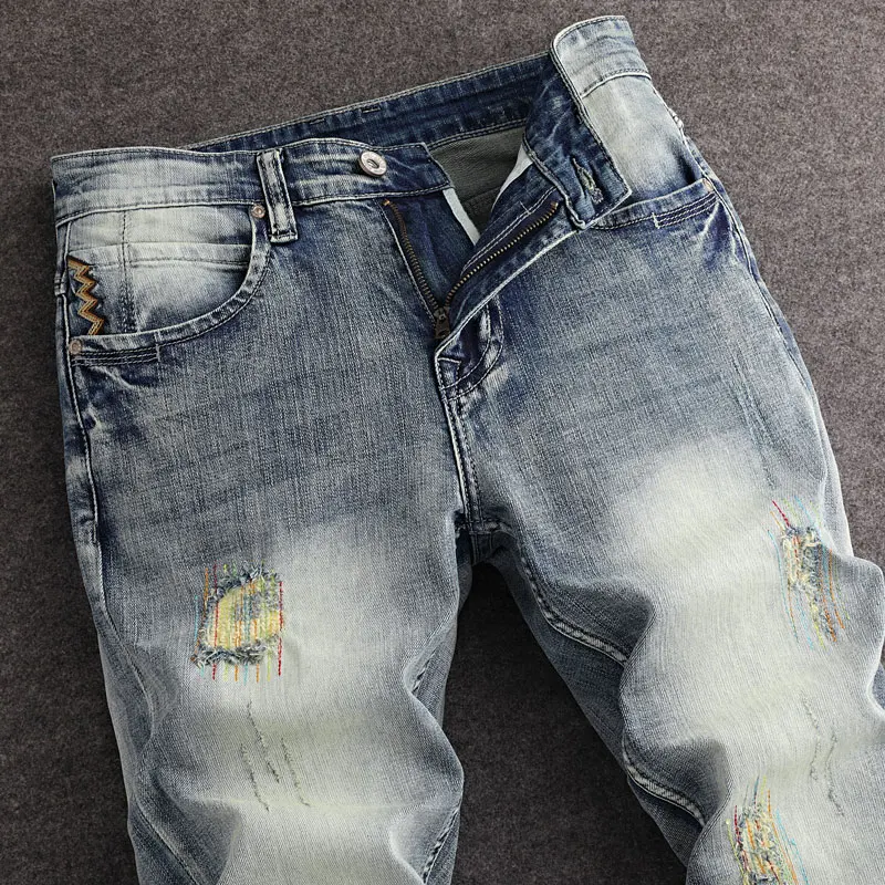 Streetwear Fashion Men Jeans Retro Washed Blue Stretch Slim Fit Ripped Jeans Men Embroidery Designer Vintage Denim Pants Hombre