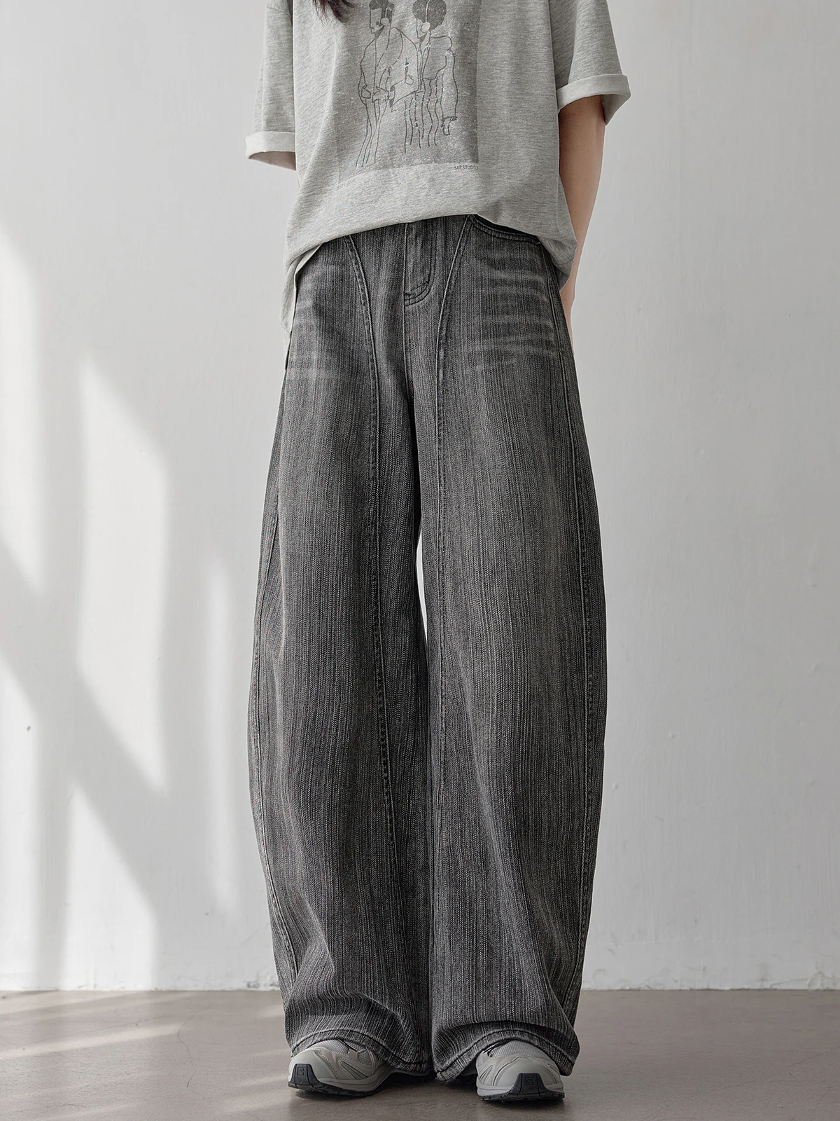 

Женские широкие джинсы глубокого серого цвета, весна 2026, новинка, с дизайнерскими вставками, стройнящие, с высокой талией, в полоску, для повседневной носки