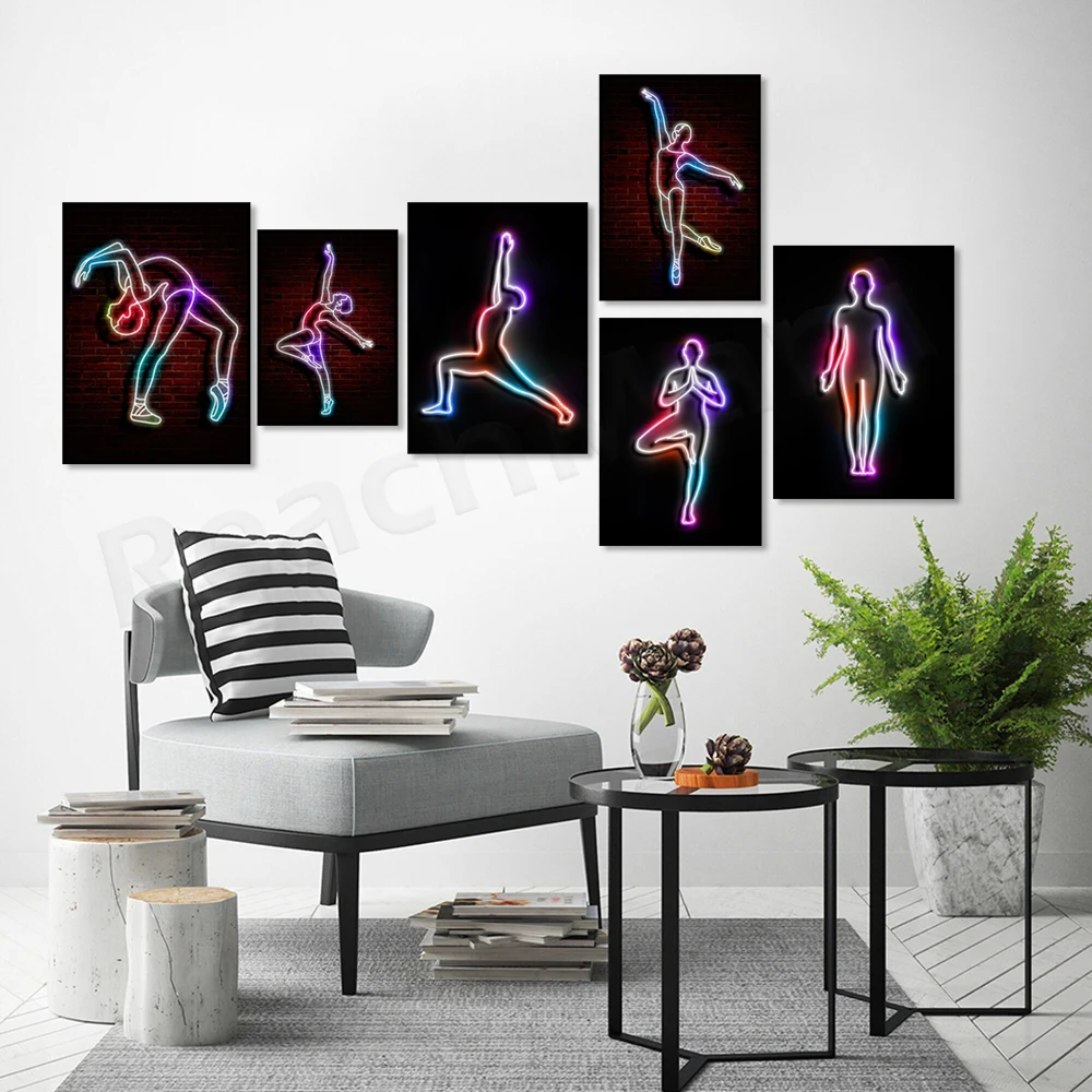 Yoga Mountain Neon Effect Yoga Print, Ballet Canvas Painting Excellent Ballerina Pose Photo Print Poster Wall Art Picture Decor