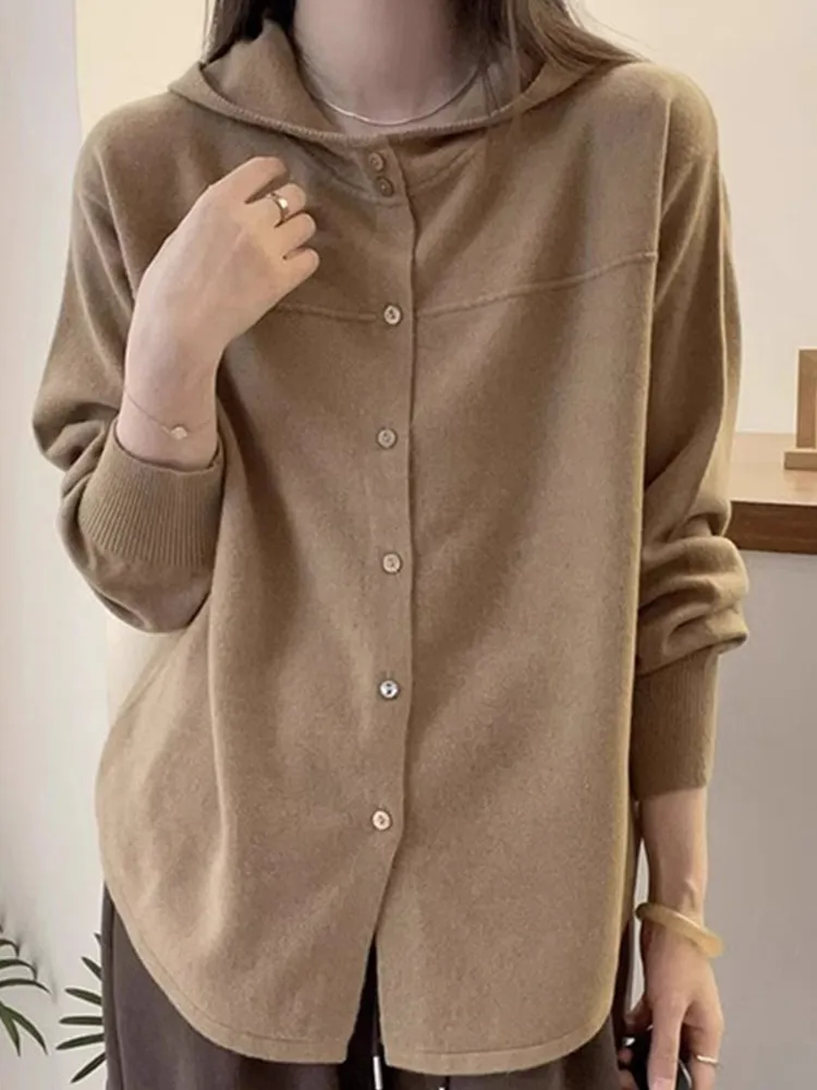 

Comfortable Knitted Hooded Cardigan Long Sve Pure Color Casual Outerwear Winter Faionable Simple Sle Women's Jaet