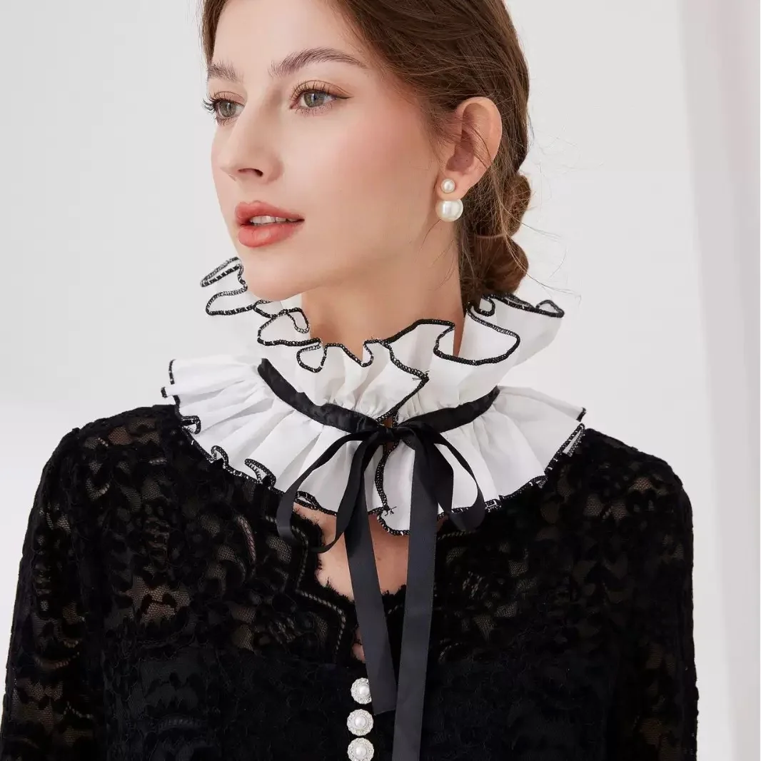 Colletto finto in cotone bianco nero Collo alto Colletto alla coreana Tracolla staccabile Colletto per camicetta con volant Accessori per costumi cosplay