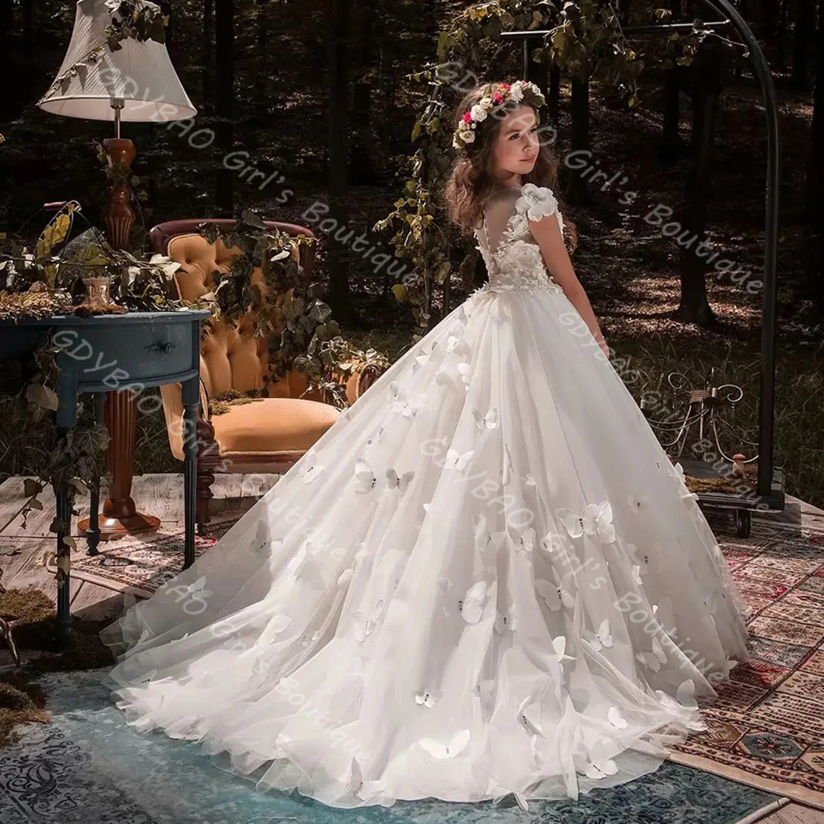 2025년 웨딩 나비 공주 대회 레이스 아플리케 맞춤형 키즈 첫 영성체 드레스 롱 볼 가운 플라워 걸 드레스